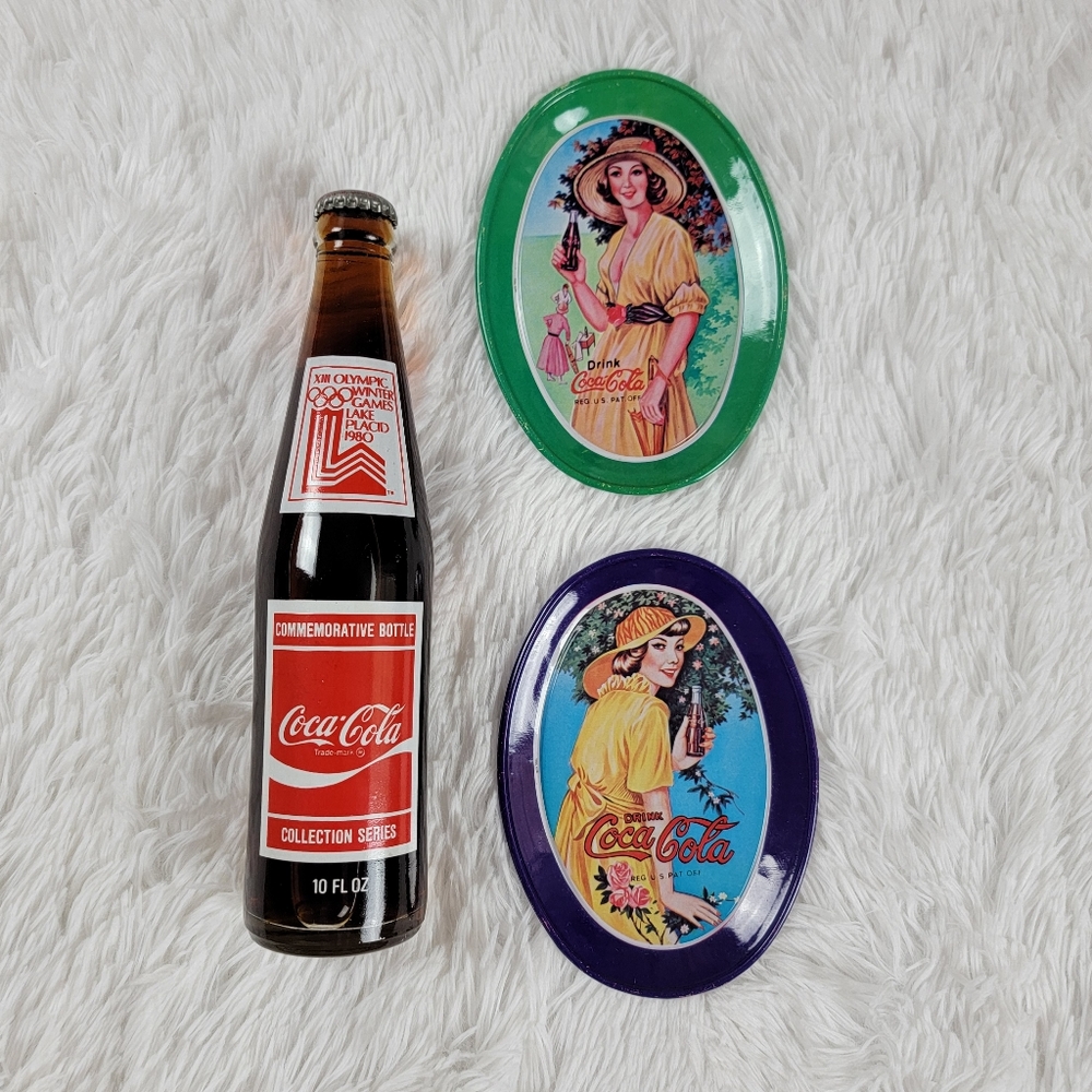 🔥SALE🔥 Vintage Coca Cola Trays Commemorative Glass Bottle Set Collection